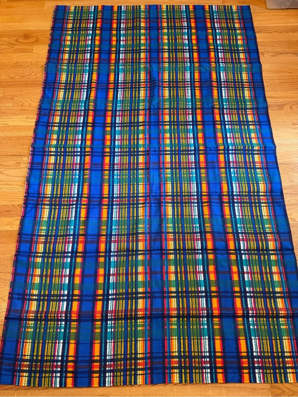 Vintage retro 1970s bright colored plaid tablecloth picnic cloth 74”x44” Mod